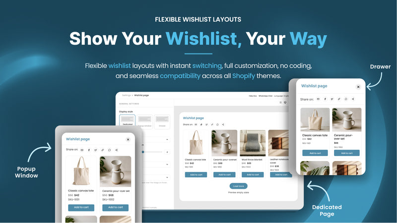 Screenshot: popup, drawer, and page layouts